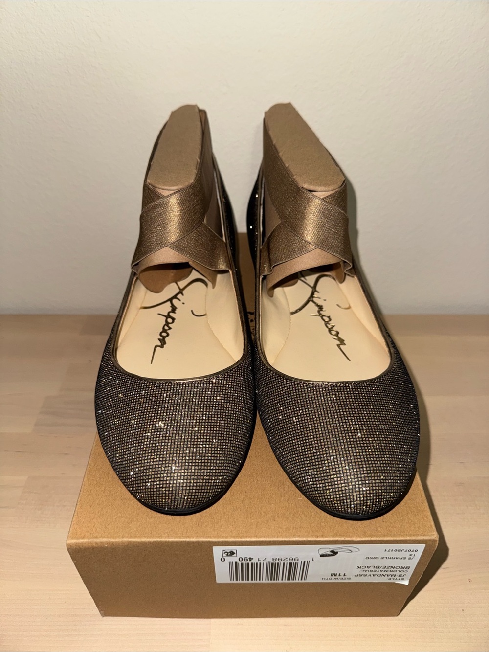 Jessica Simpson Sparkle Bronze Ballet Flats with Elastic Cross Strap